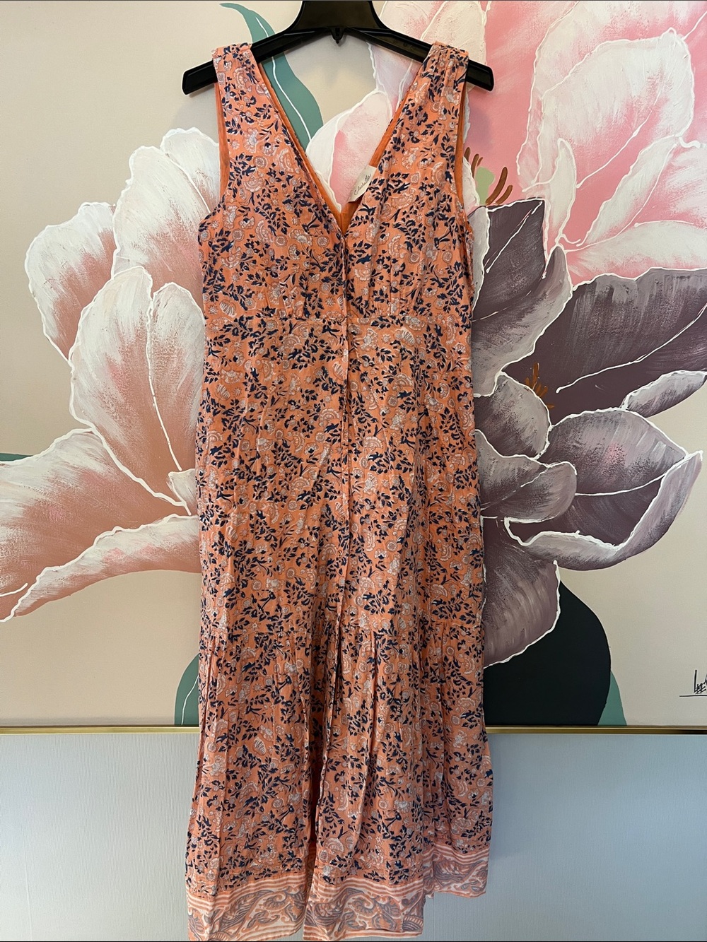 Cleobella Peach Floral V-Neck Midi Dress with Navy Accents (Organic Cotton)